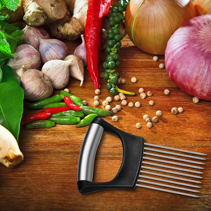 Stainless Steel Onion Holder Slicer - Easy and Safe Vegetable  , Meat and Tomato Cutter