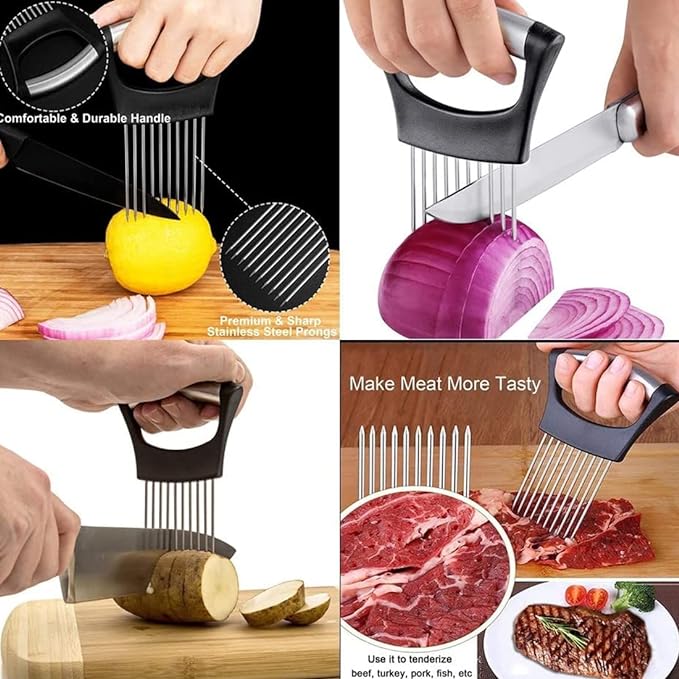 Stainless Steel Onion Holder Slicer - Easy and Safe Vegetable  , Meat and Tomato Cutter