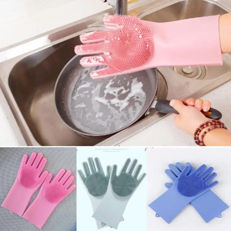 Silicon Scrub Gloves - Multipurpose Cleaning Gloves for Kitchen , Bathroom , Car , and Pet Washing