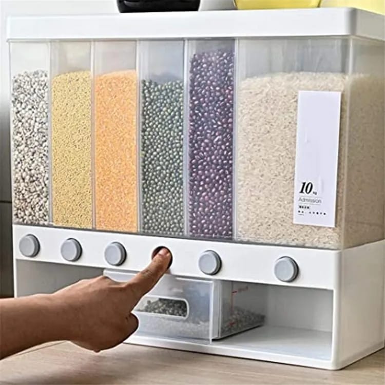 Wall Mounted Cereal Food Dispenser with 6 Sections - Space Saving Storage for Cereal , Rice , Nuts , Snacks & More