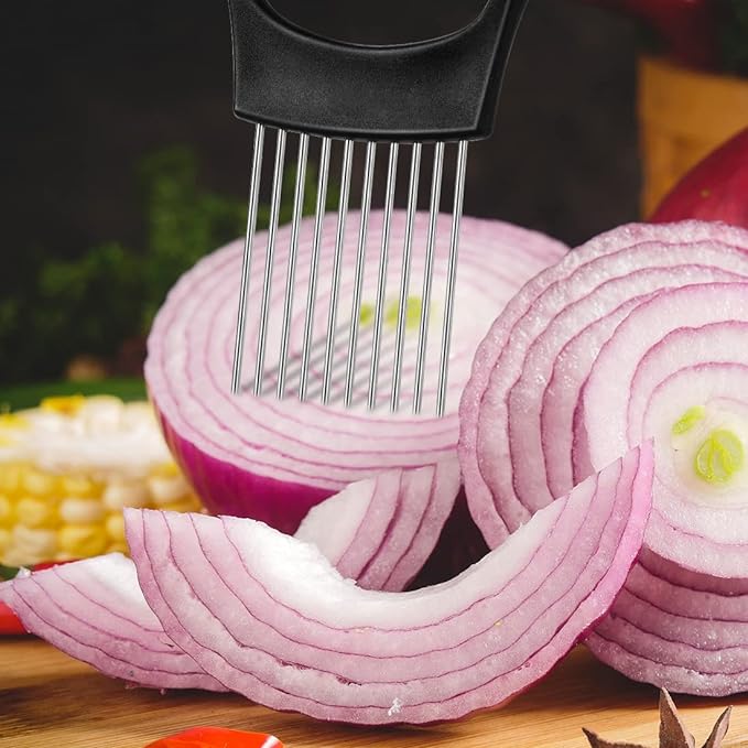 Stainless Steel Onion Holder Slicer - Easy and Safe Vegetable  , Meat and Tomato Cutter