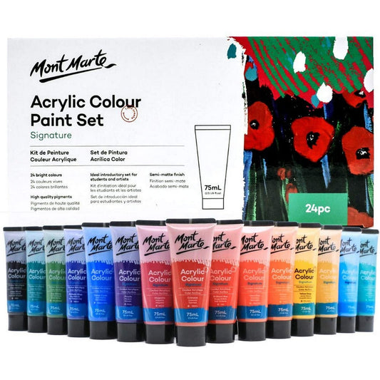 Mont Marte Signature Acrylic Paint Set 6, 12 & 24 Colors (75ml Each) with Semi-Matte Finish, Ideal for Canvas, Paper, Wood & More