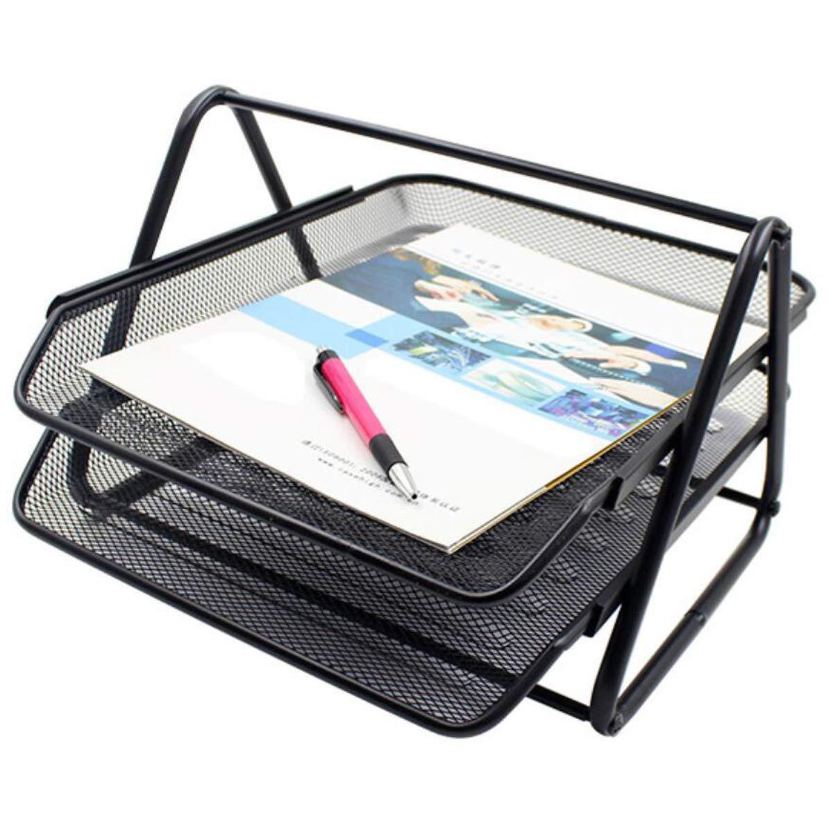 2-Tier Heavy Duty Metal Desktop Letter Tray File Organizer - Black, Desk Paper, Magazine & Document Sorter