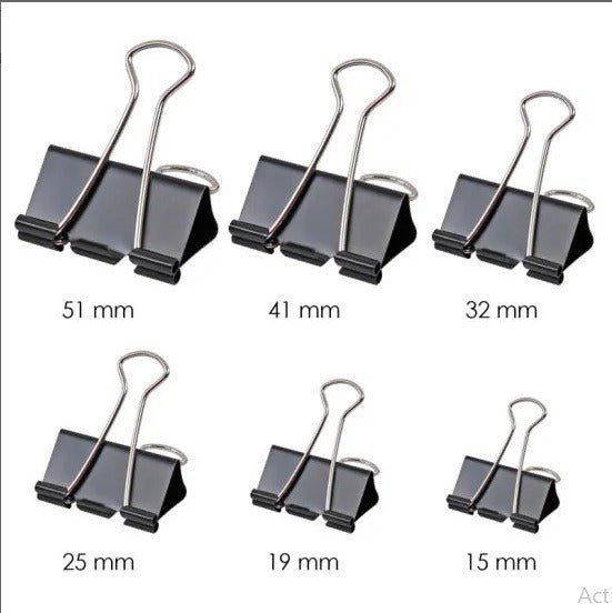 Pack of 12 - Binder Clip 19mm - 25mm - 32mm - 41mm - 51mm Paper Clip