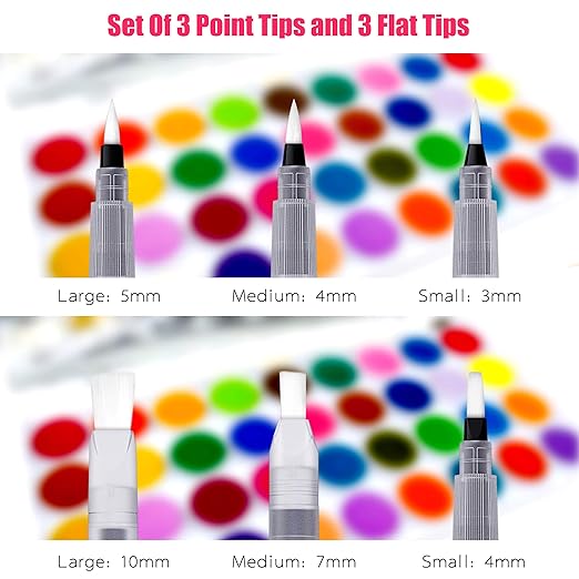 Set of 6 Refillable Watercolor Brush Pens – Soft Ink Markers with 3 Pointed and 3 Flat Tips for Drawing, Calligraphy, and Painting