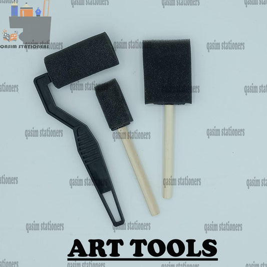 3 Pcs Foam Sponge Brush Painting Set - Black Roller & Brush with Wooden Handles for Kids Craft and Painting Projects