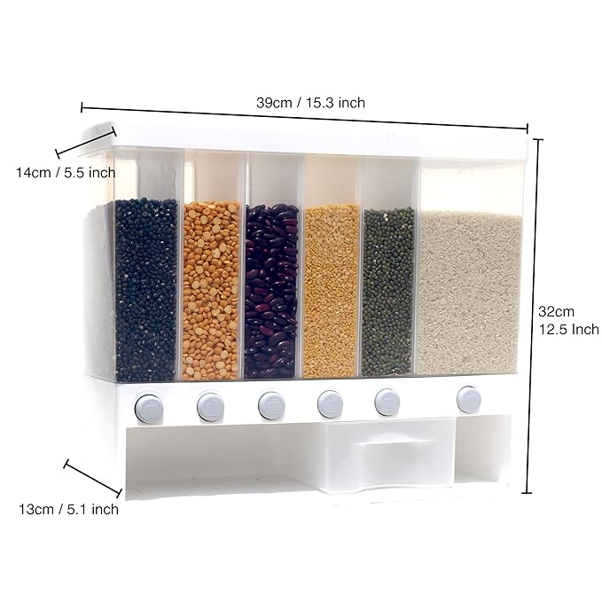 Wall Mounted Cereal Food Dispenser with 6 Sections - Space Saving Storage for Cereal , Rice , Nuts , Snacks & More