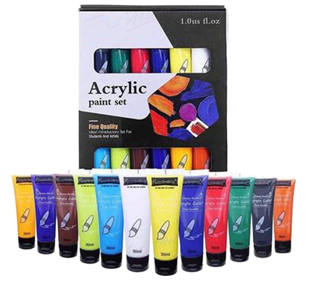 12 Pcs Acrylic Colour Paints - 30ml Each Tube