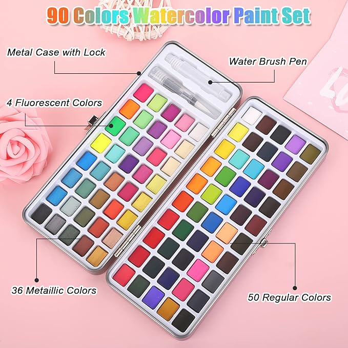 Water Color Paint Set - 90 Colors (50 Basics, 36 Metallic, 4 Fluorescent) for Painting