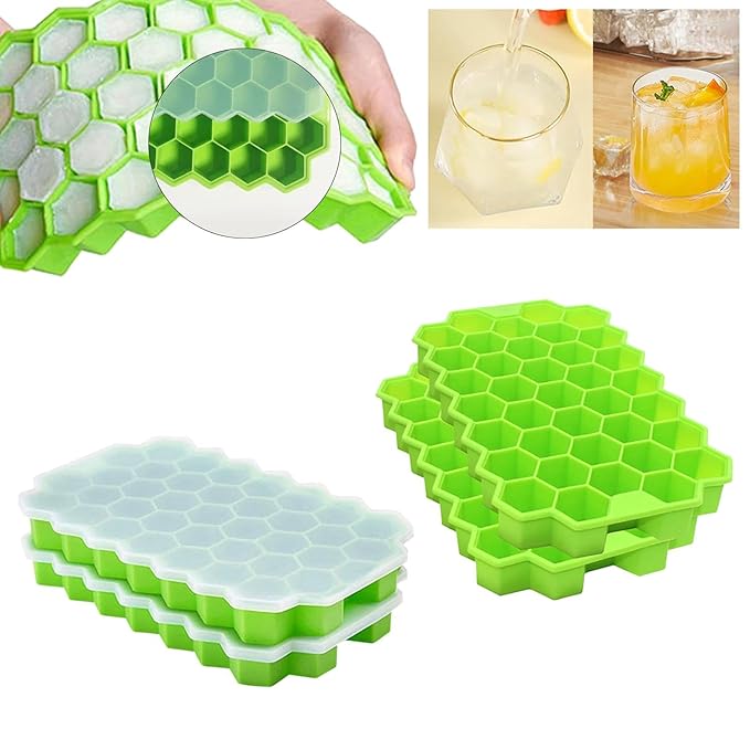 Honeycomb Shape Silicon Ice  Cube Tray with Lid - Easy Push Pop Out , Flexible Ice Mold for Freezer & Refrigerator