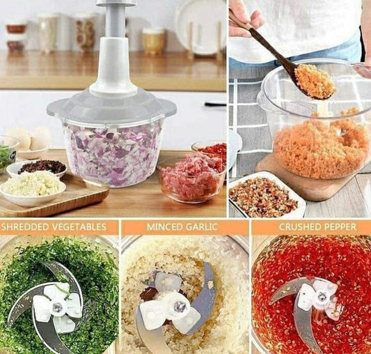 2000ml Chopper - Powerful Manual Food Chopper - Hand held Mini Food Processor , Vegetables, Fruits, Onions Choppers Dicers and Mincers Pump Action With 4 Blades