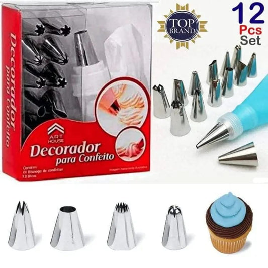 12 Pcs Cake Decorating Nozzles Set - Steel Tips with Washable Icing Bag for Cake and Cupcake Decoration