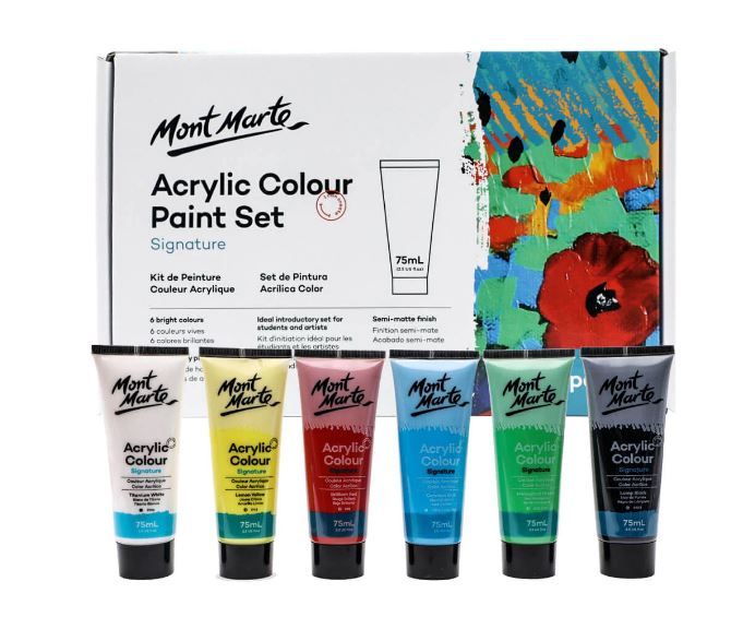 Mont Marte Signature Acrylic Paint Set 6, 12 & 24 Colors (75ml Each) with Semi-Matte Finish, Ideal for Canvas, Paper, Wood & More