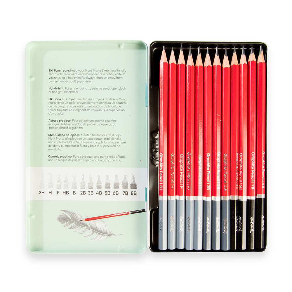 Mont Marte Graphite Pencils 12pc Set – Professional Quality in a Durable Metal Tin