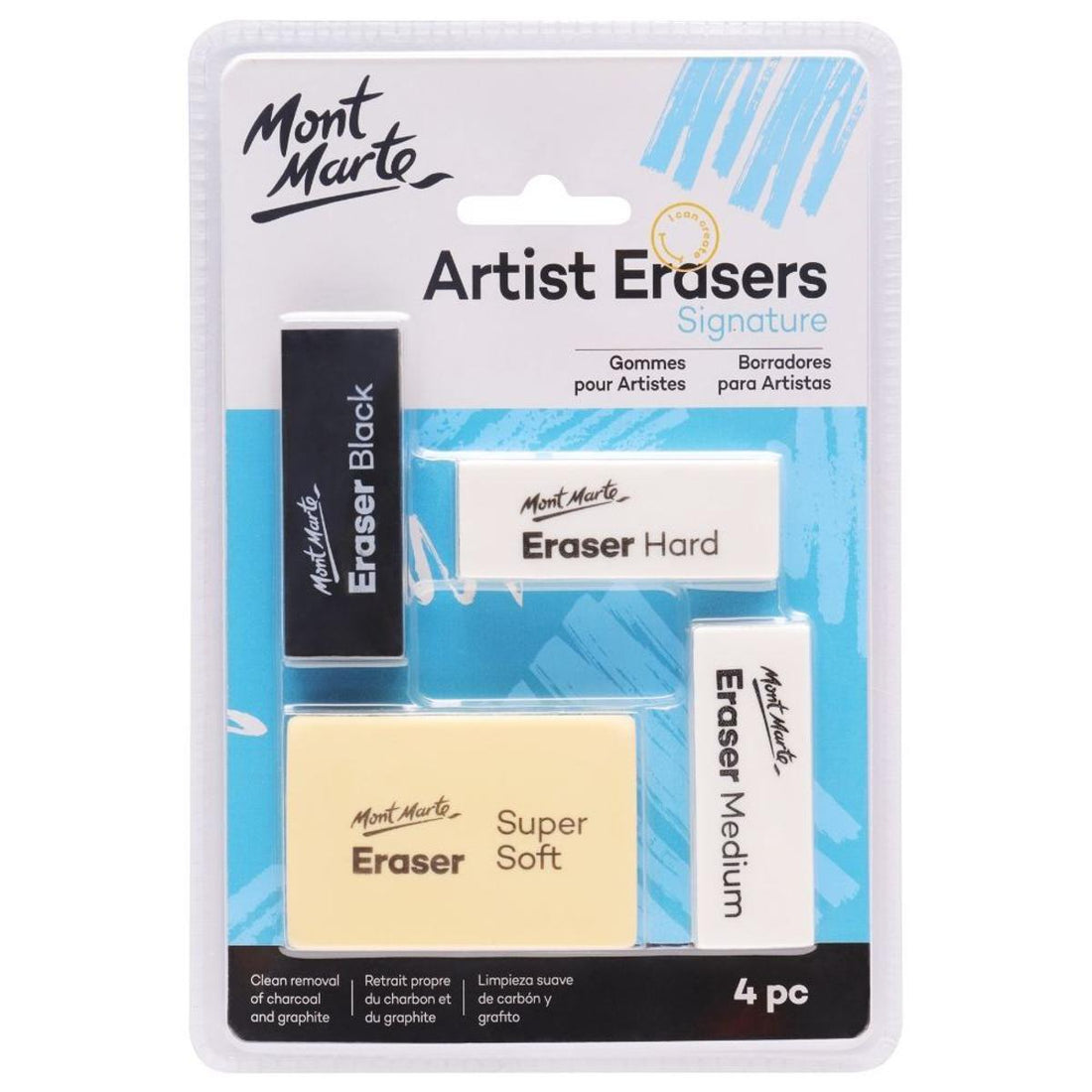 Mont Marte Artist Erasers Set – Black, Soft, Medium, Hard (Pack of 4)