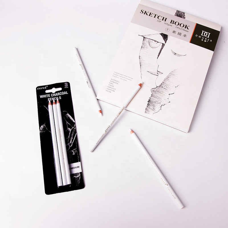 Pack of 3 White Charcoal Pencils - For Sketching And Drawing - Shading