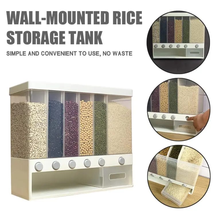 Wall Mounted Cereal Food Dispenser with 6 Sections - Space Saving Storage for Cereal , Rice , Nuts , Snacks & More