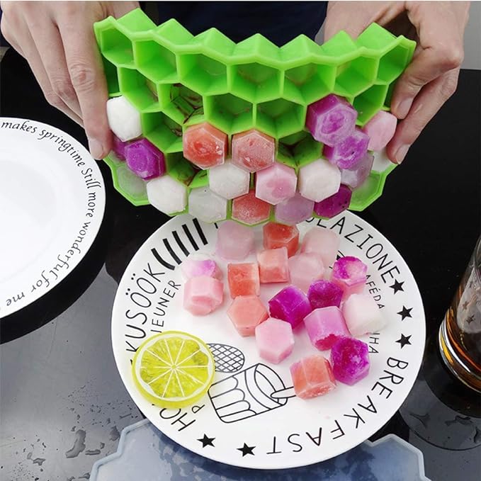 Honeycomb Shape Silicon Ice  Cube Tray with Lid - Easy Push Pop Out , Flexible Ice Mold for Freezer & Refrigerator