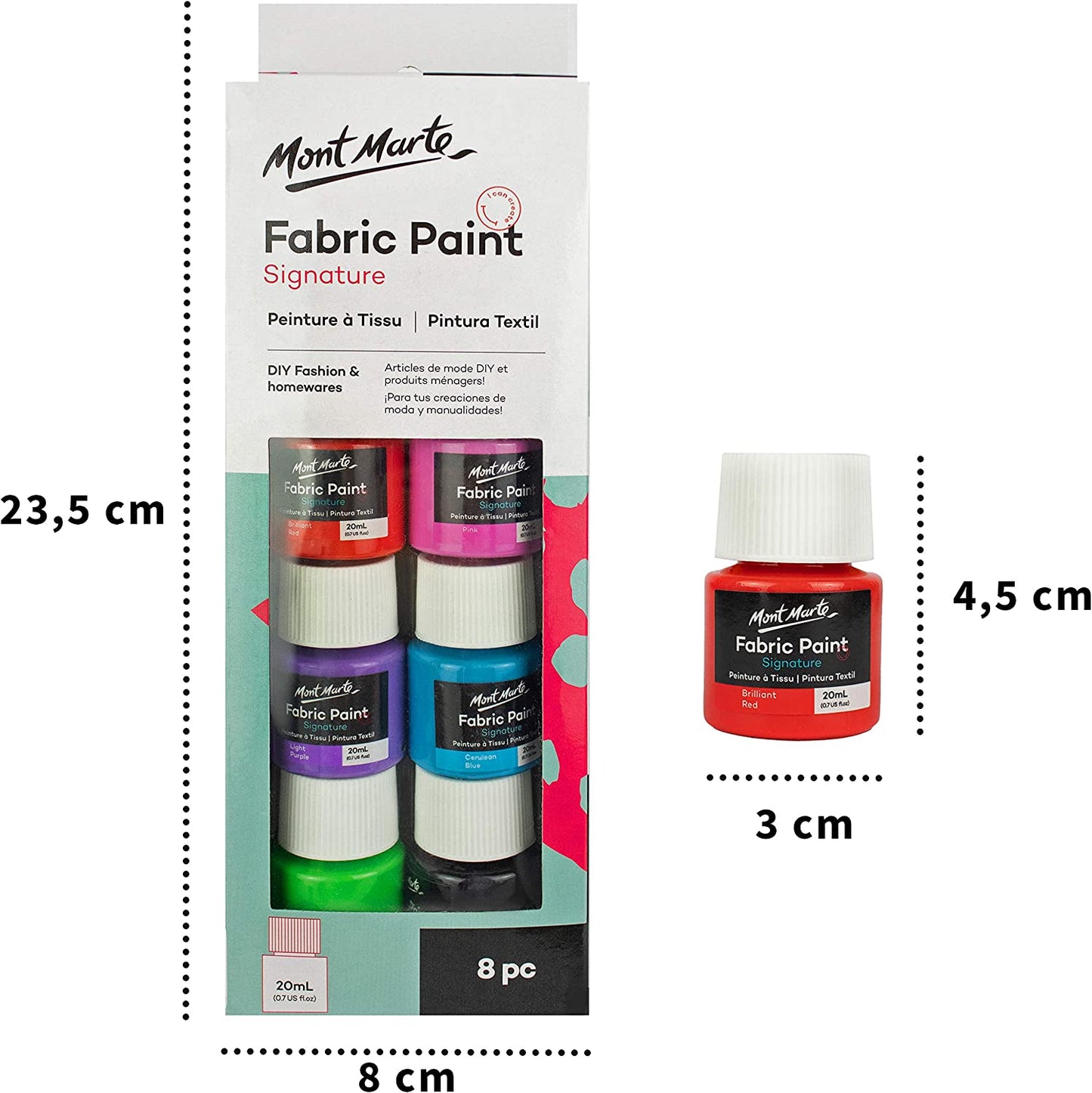 Mont Marte Textile & Fabric Paint Set – 8 Colors (20ml Each) Permanent Paints for Clothing, Bags, and Fabrics"