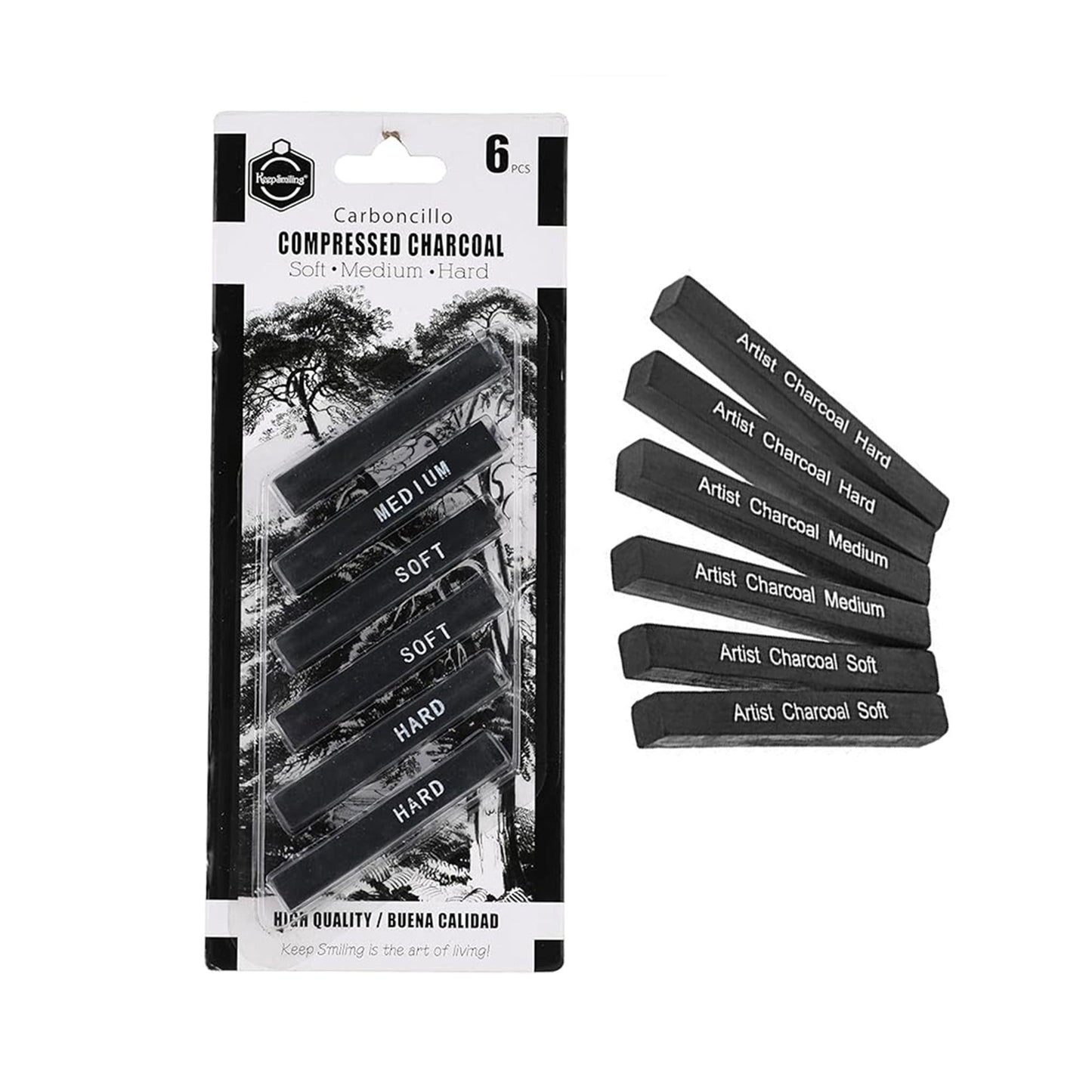 Pack of 6 Compress Charcoal Sticks – Soft, Medium, Hard, Shading You said: write a