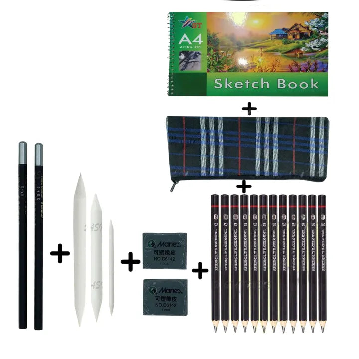 21-Piece Artist Sketching Set – Includes A4 Sketchbook, Graphite Pencils, Charcoal Blenders, Erasers, and More