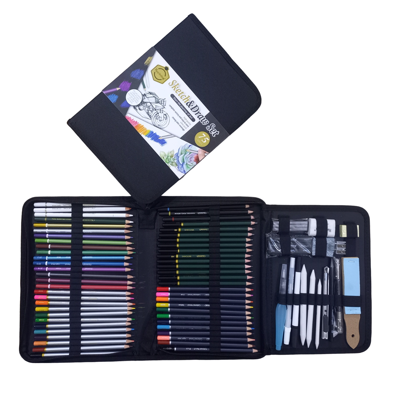 75-Piece Professional Sketch and Drawing Pencil Set Kit – Includes Color Pencils, Charcoal, Blenders, Erasers, Paper Cutter, and Fabric Pouch"