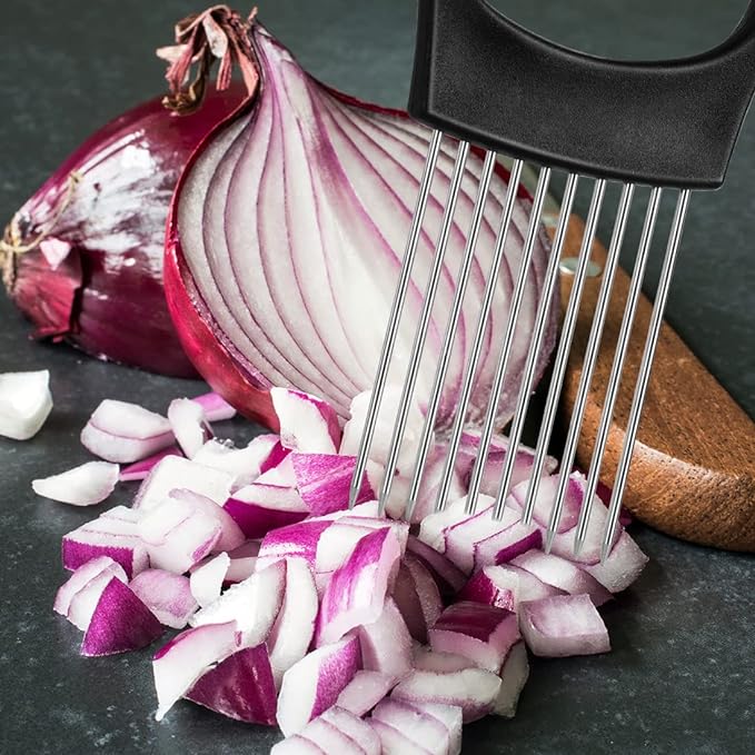 Stainless Steel Onion Holder Slicer - Easy and Safe Vegetable  , Meat and Tomato Cutter