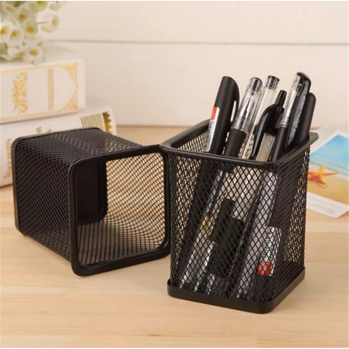 Pack of 2 - Black Metal Mesh Pen Stand & Stationery Holder