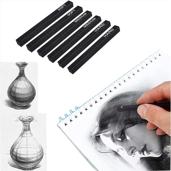 Pack of 6 Compress Charcoal Sticks – Soft, Medium, Hard, Shading You said: write a